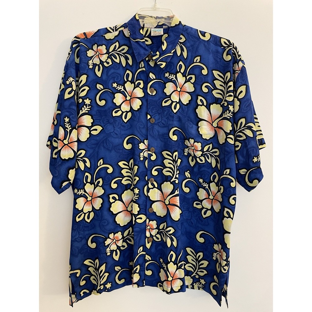 Makai Hawaii Floral Tropical Button Down Shirt Mens XL‎ Blue 100% Rayon Resort